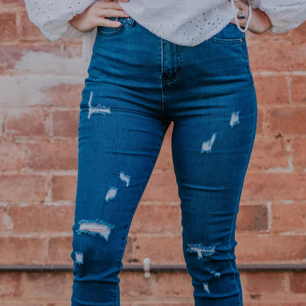 DENIM ~ Ultra High Waisted Blue distressed