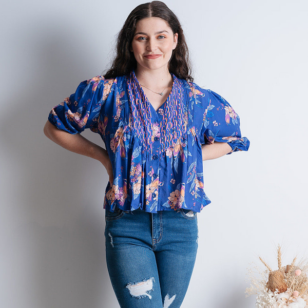 JAASE ~ Allyra Blouse in Indigo Dreams Print