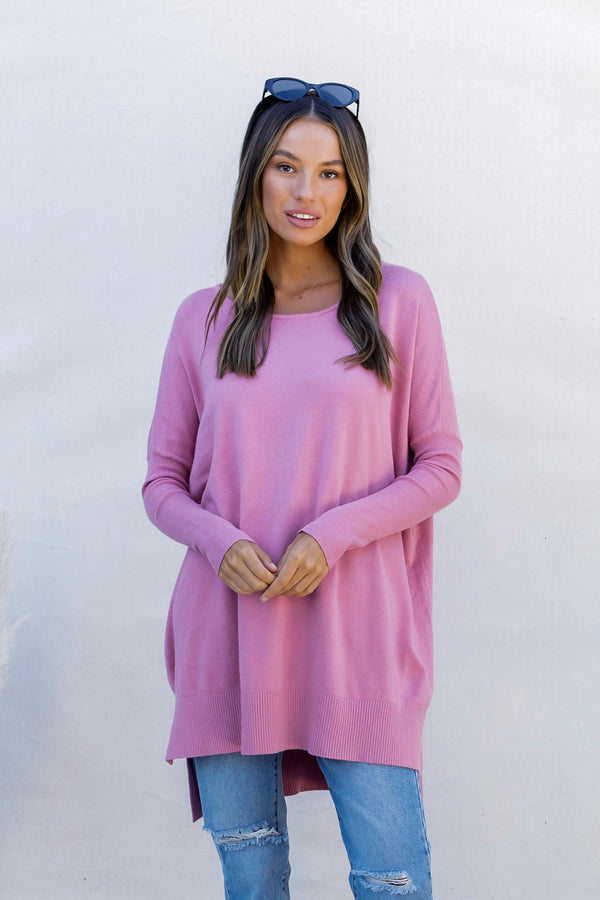 Luella Ribbed Sleeve Hi Low Knit in Rose