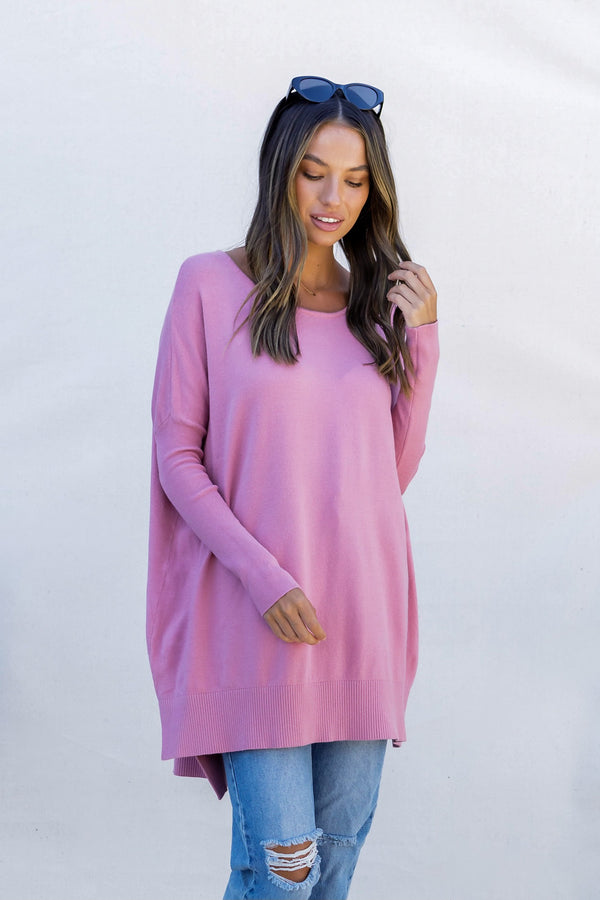 Luella Ribbed Sleeve Hi Low Knit in Rose